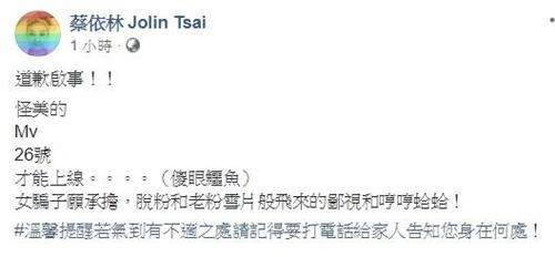 蔡依林深夜發(fā)文道歉 《怪美》MV延期自侃女騙子