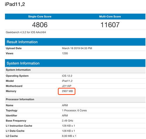 蘋果新款iPad現(xiàn)身跑分庫 但內(nèi)存僅有3GB