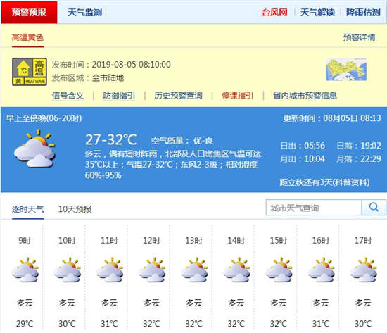 深圳8月5日天氣 全市發(fā)布高溫黃色預(yù)警