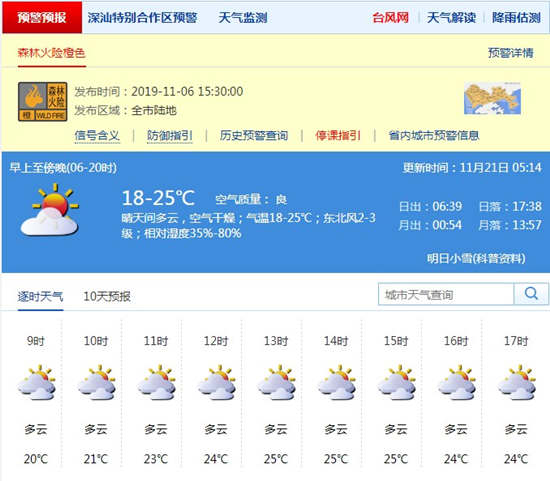 深圳11月21日天氣 我市于11月19日正式入秋