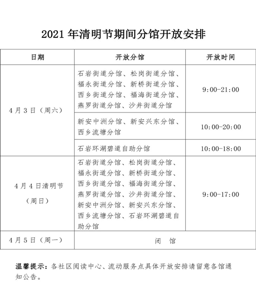 2021清明節(jié)期間寶安圖書館分館開放時(shí)間