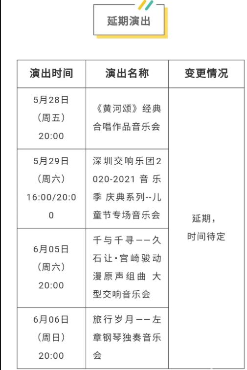 深圳音樂廳5月至6月部分演出取消或延期